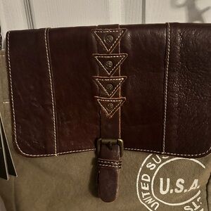 Myra Bag Canvas Messenger Bag with Dark Brown Leather Trim - U.S.A. Accent